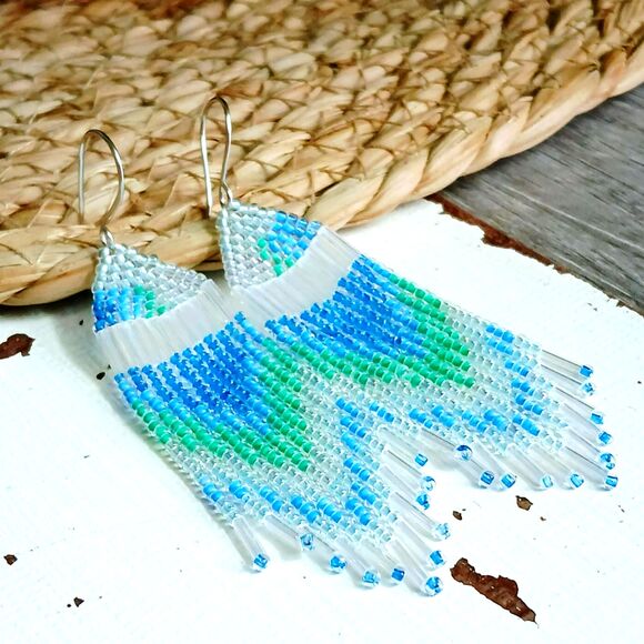 Boho Beaded Fringe Dangle Earrings, Seed Bead Jewelry, Blue & Green, 3.5" - Picture 7 of 8